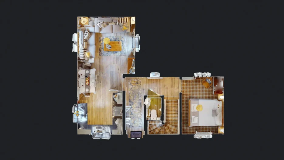 Matterport top-down floor plan view of a holiday cottage